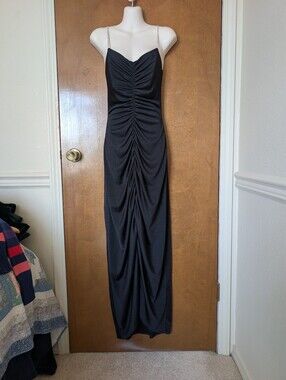 Vtg Climax Karen Okada Black Rouched Rhinestone Spaghetti Strap Maxi Dress